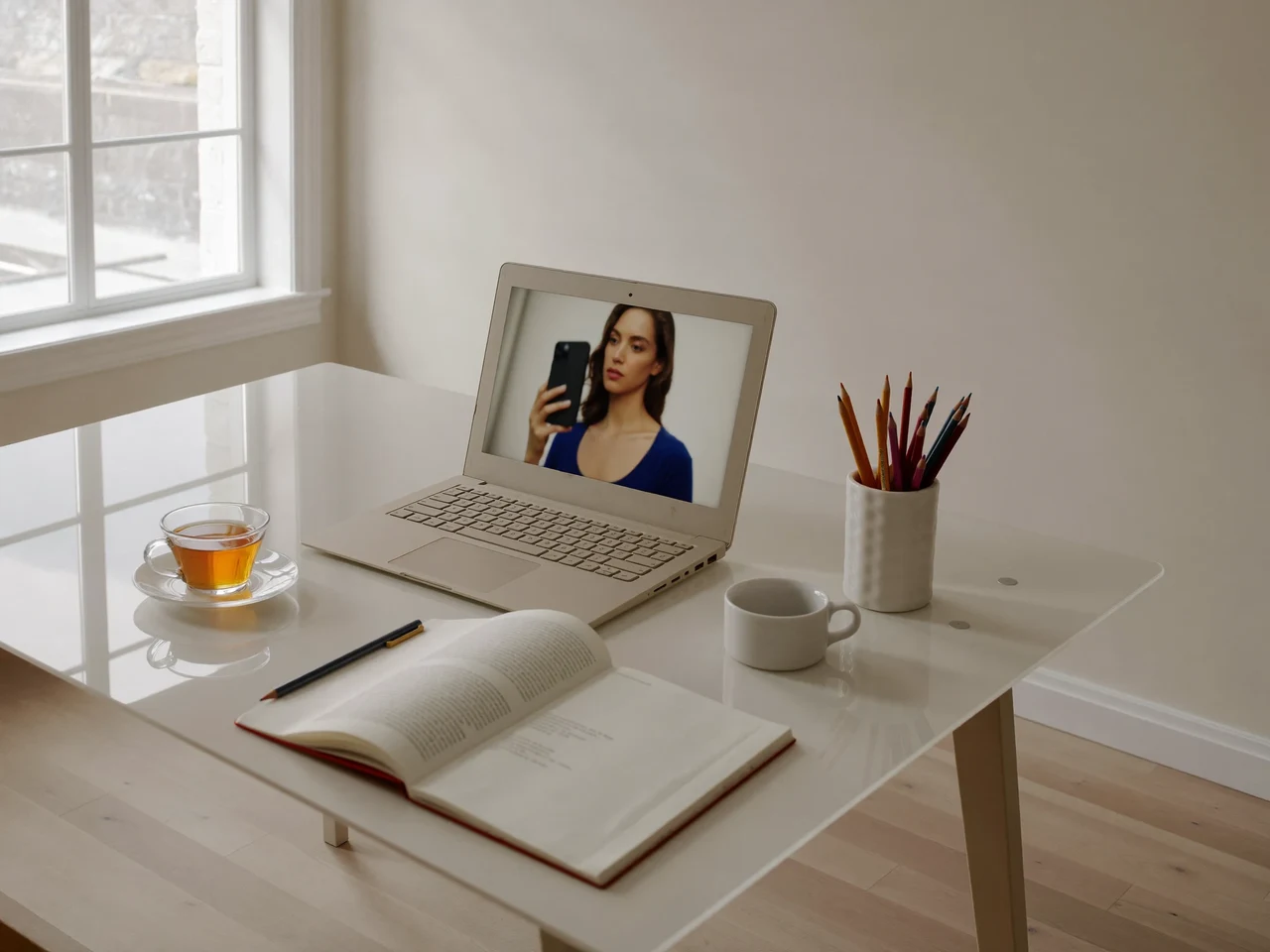 Heller Lernplatz am Fenster mit Laptop, Notizheft, Stiften und einer Tasse Tee