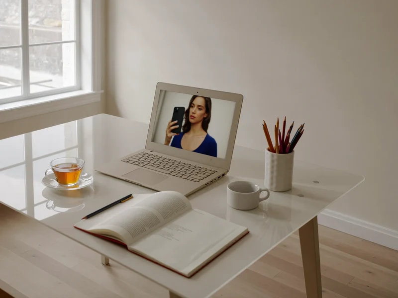 Heller Lernplatz am Fenster mit Laptop, Notizheft, Stiften und einer Tasse Tee
