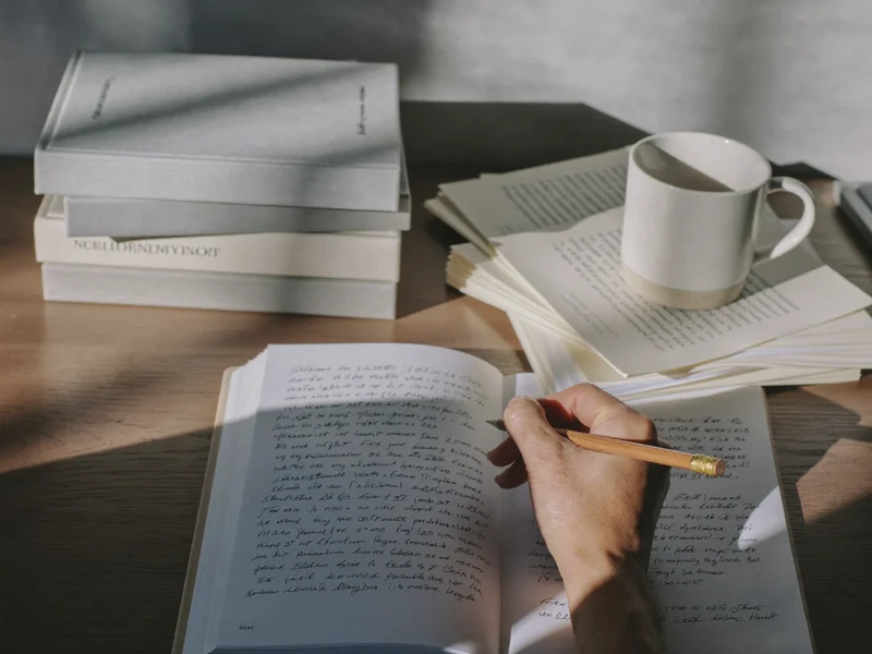 Studienbücher, handschriftliche Notizen und ein Bleistift bei der Herleitung am Schreibtisch